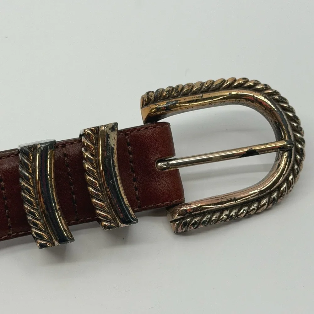 Vtg 90s Brighton Belt Womens S Brown Leather Gold Silver Buckle 1993 Western